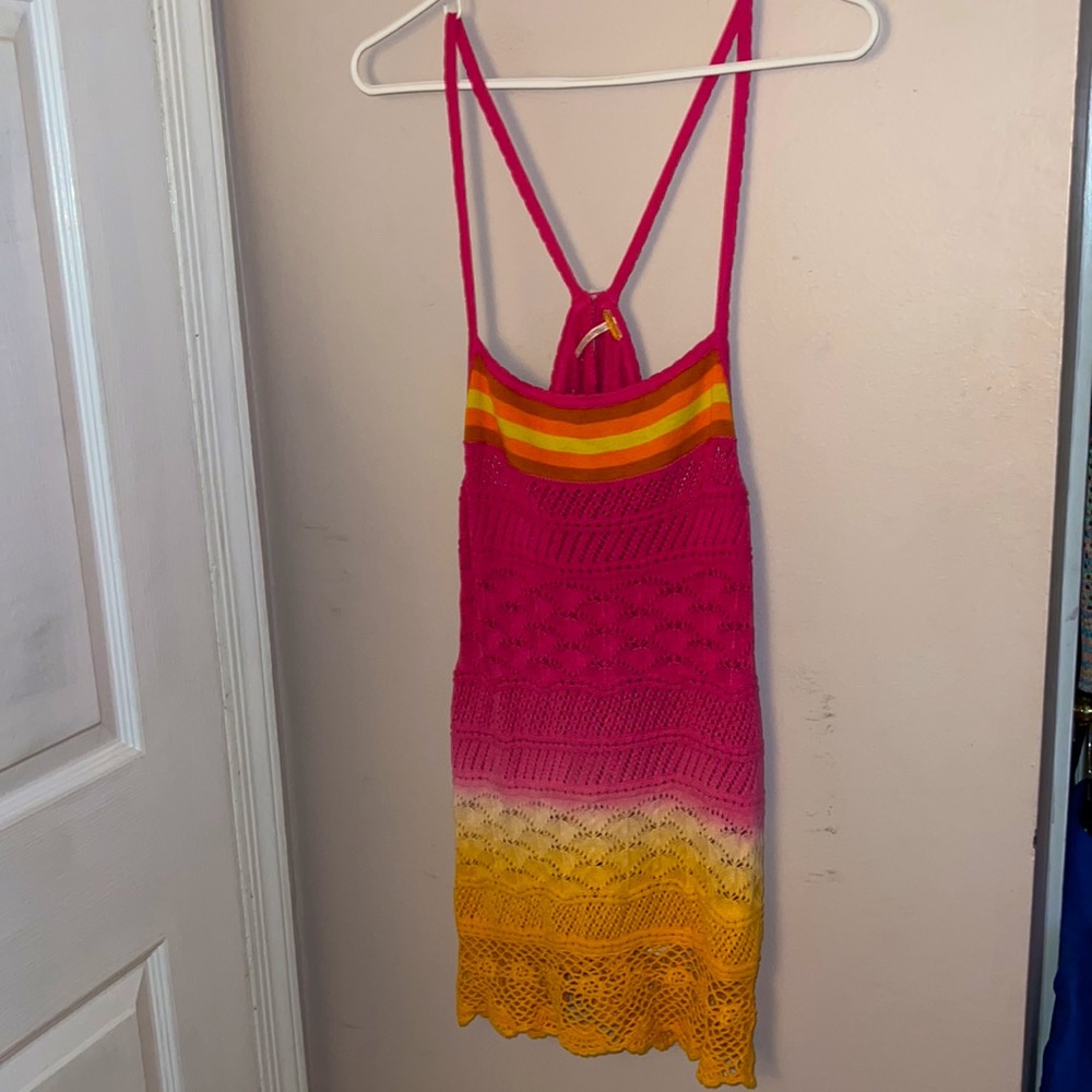 🌞 Free People Dress-crocheted gradient/ombré w/pink, yellow & Orange Size:Large